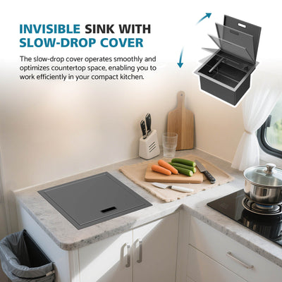 Metora 17"x17" Stainless Steel Concealed RV & Kitchen Bar Workstation Sink with Liftable Pull-Out Faucet and Slow Drop Cover-BS2502