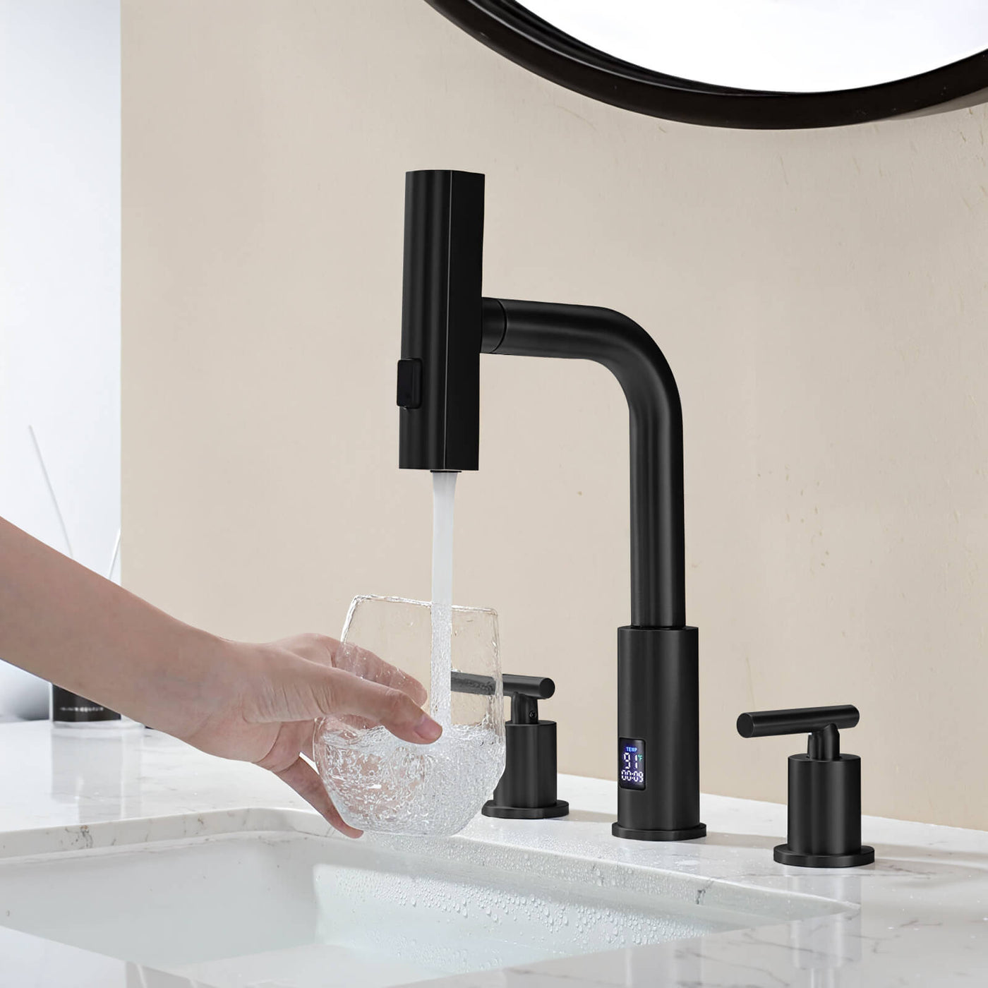 Metora Two-Handle Widespread Waterfall & Pull-Out Bathroom Faucet with Temperature Display-BFWS2401