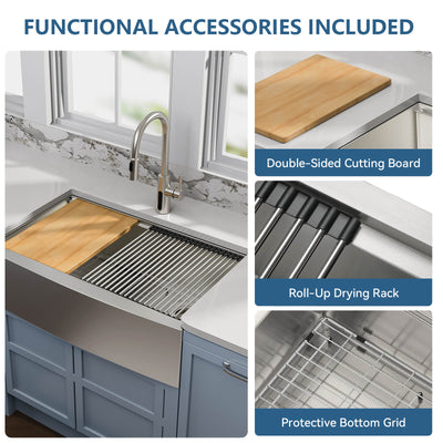 Metora 33"x 22" Apron Front Single Bowl Stainless Steel Farmhouse Kitchen Sink With Grid and Basket Strainer-FS2501