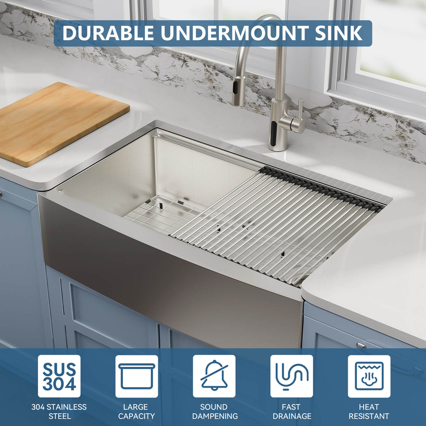 Metora 33"x 22" Apron Front Single Bowl Stainless Steel Farmhouse Kitchen Sink With Grid and Basket Strainer-FS2501