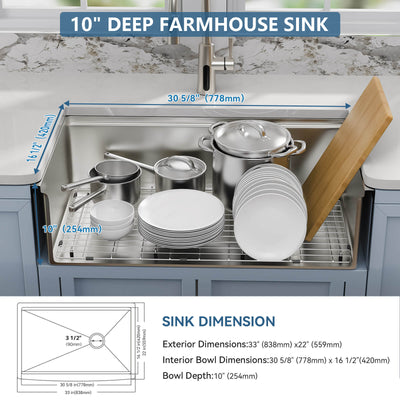 Metora 33"x 22" Apron Front Single Bowl Stainless Steel Farmhouse Kitchen Sink With Grid and Basket Strainer-FS2501