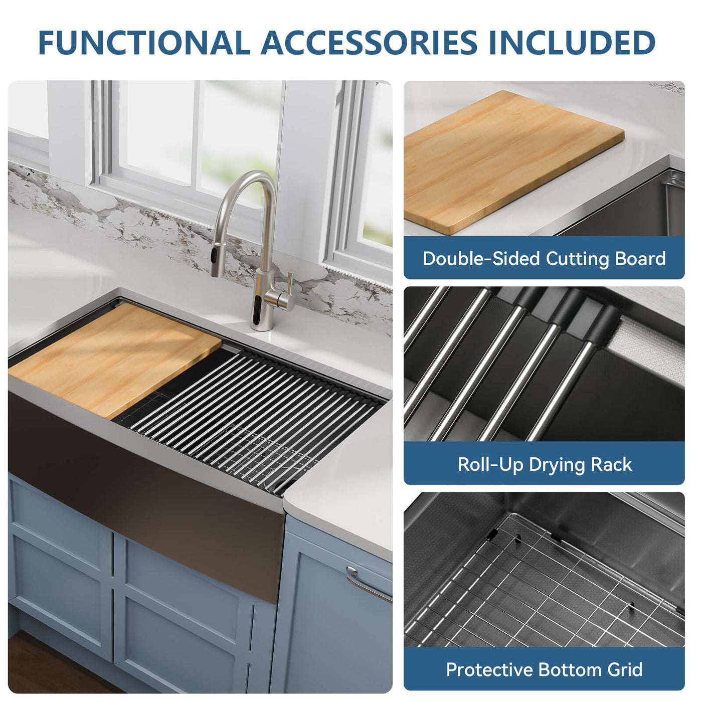 Metora 33"x 22" Apron Front Single Bowl Stainless Steel Farmhouse Kitchen Sink With Grid and Basket Strainer-FS2501