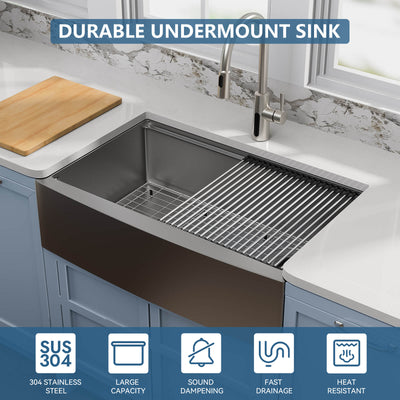 Metora 33"x 22" Apron Front Single Bowl Stainless Steel Farmhouse Kitchen Sink With Grid and Basket Strainer-FS2501