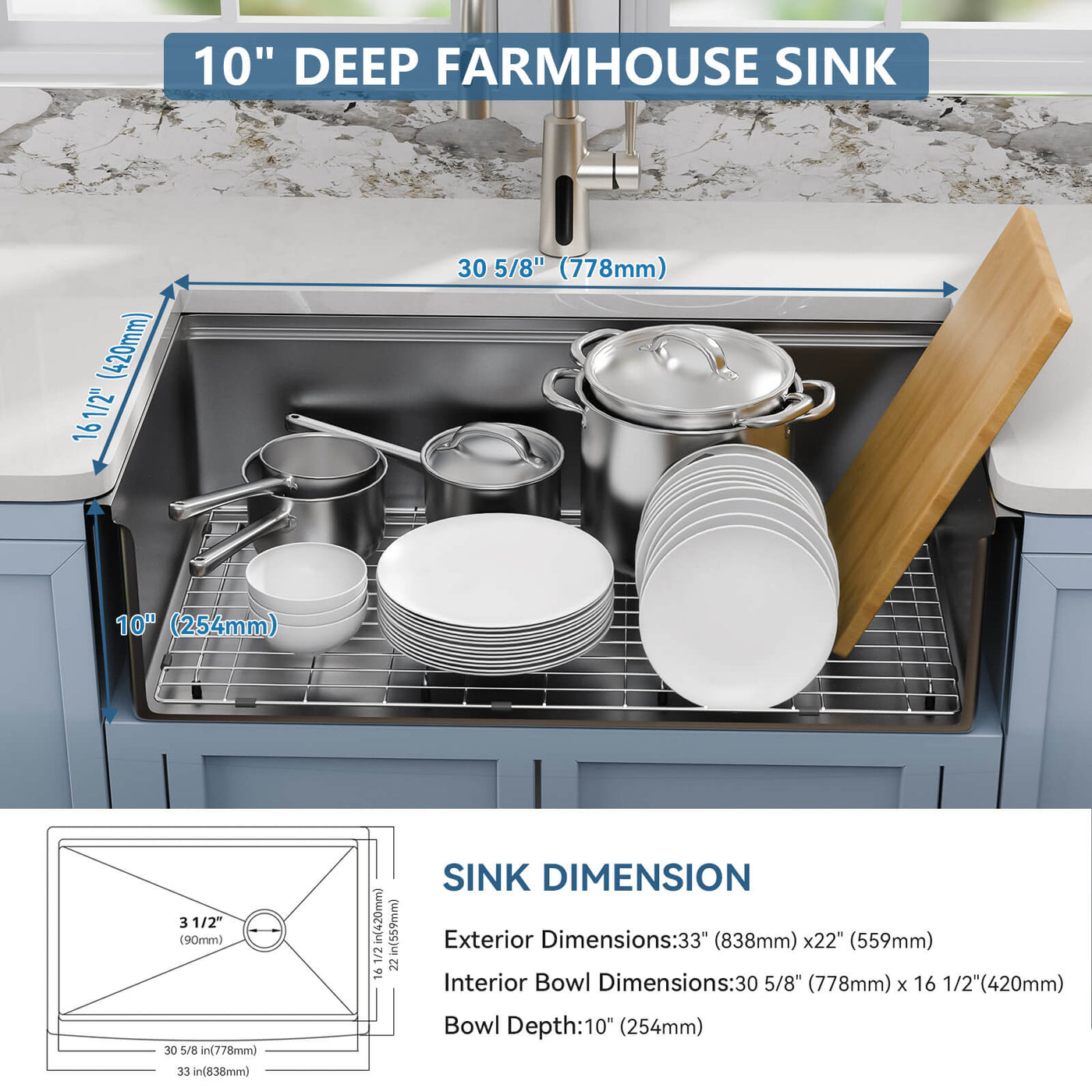 Metora 33"x 22" Apron Front Single Bowl Stainless Steel Farmhouse Kitchen Sink With Grid and Basket Strainer-FS2501