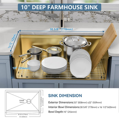 Metora 33"x 22" Apron Front Single Bowl Stainless Steel Farmhouse Kitchen Sink With Grid and Basket Strainer-FS2501