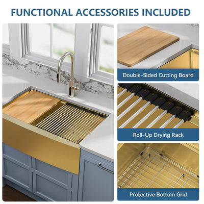 Metora 33"x 22" Apron Front Single Bowl Stainless Steel Farmhouse Kitchen Sink With Grid and Basket Strainer-FS2501