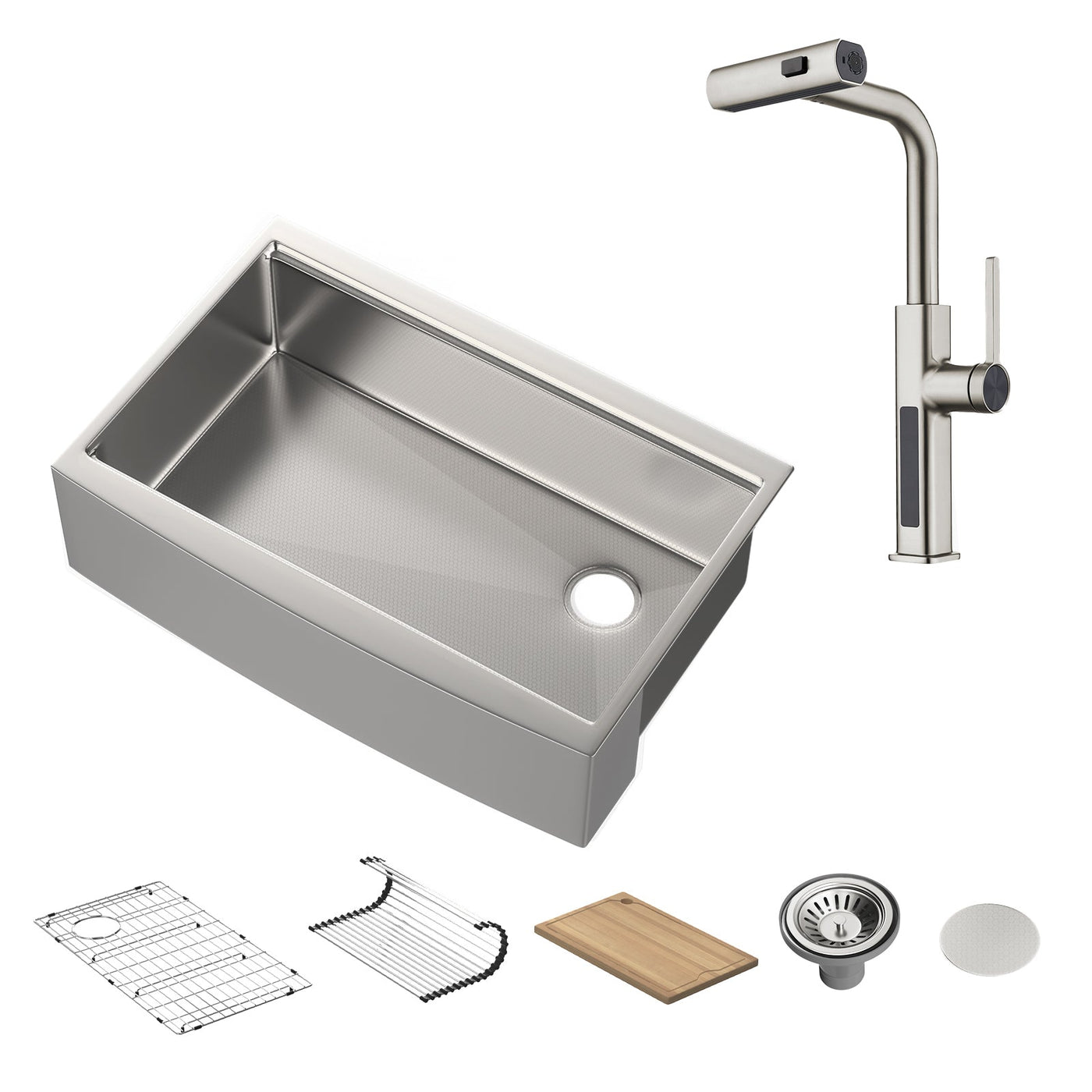 Metora 33"x 22" Stainless Steel Farmhouse Kitchen Sink-FS2501 with Waterfall & Pull-Out Kitchen Faucet-KF2209