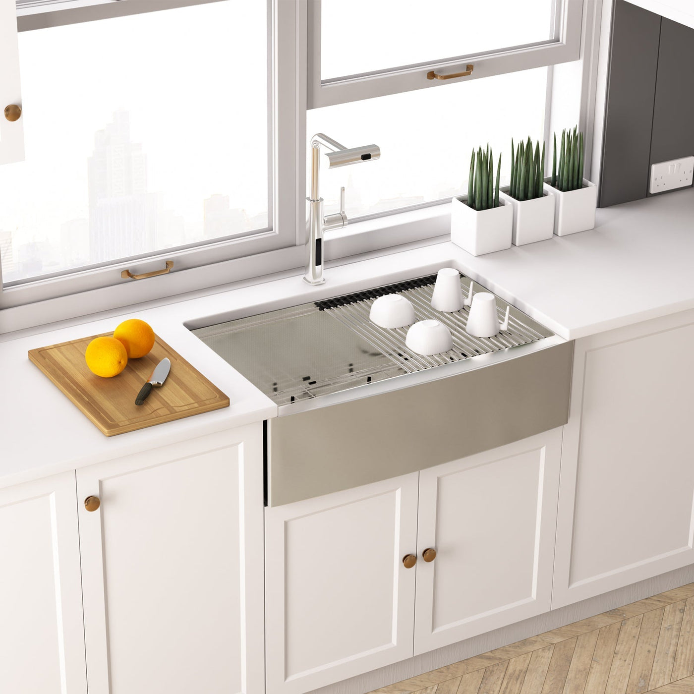Metora 33"x 22" Stainless Steel Farmhouse Kitchen Sink-FS2501 with Waterfall & Pull-Out Kitchen Faucet-KF2209