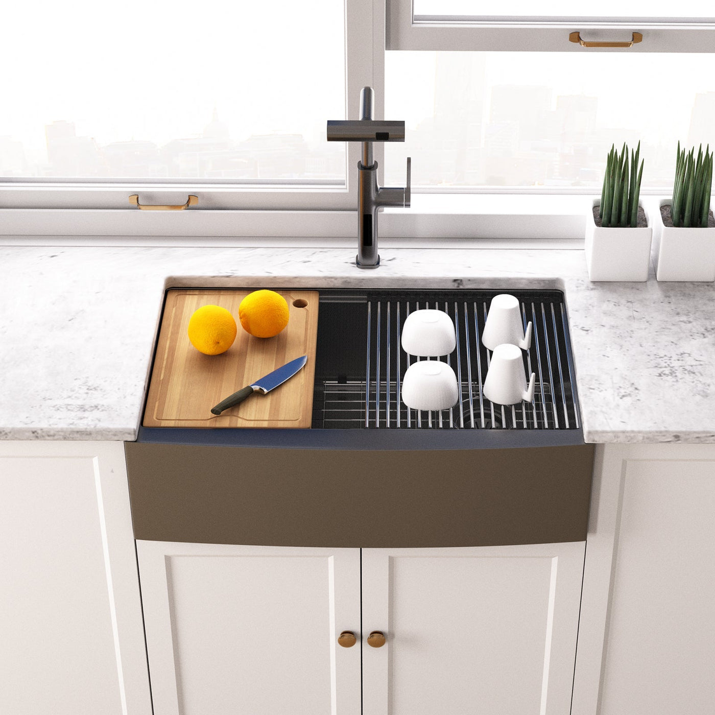 Metora 33"x 22" Stainless Steel Farmhouse Kitchen Sink-FS2501 with Waterfall & Pull-Out Kitchen Faucet-KF2209