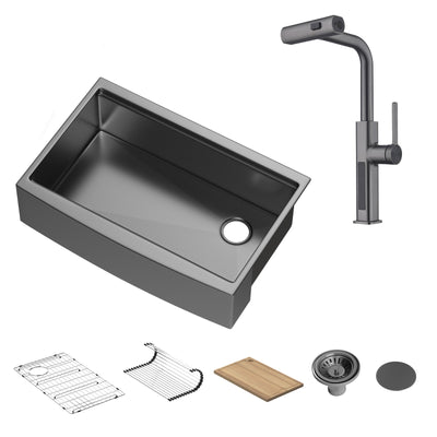 Metora 33"x 22" Stainless Steel Farmhouse Kitchen Sink-FS2501 with Waterfall & Pull-Out Kitchen Faucet-KF2209