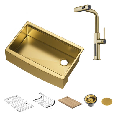 Metora 33"x 22" Stainless Steel Farmhouse Kitchen Sink-FS2501 with Waterfall & Pull-Out Kitchen Faucet-KF2209