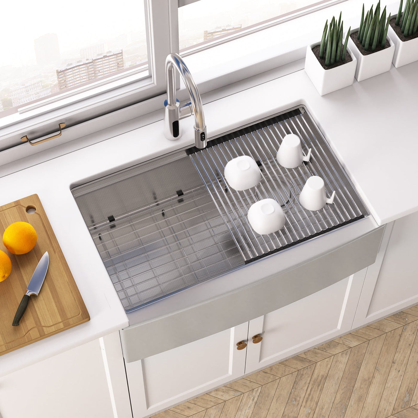 Metora 33"x 22" Stainless Steel Farmhouse Kitchen Sink-FS2501 with Modern Pull-Down Kitchen Faucet-KF2501