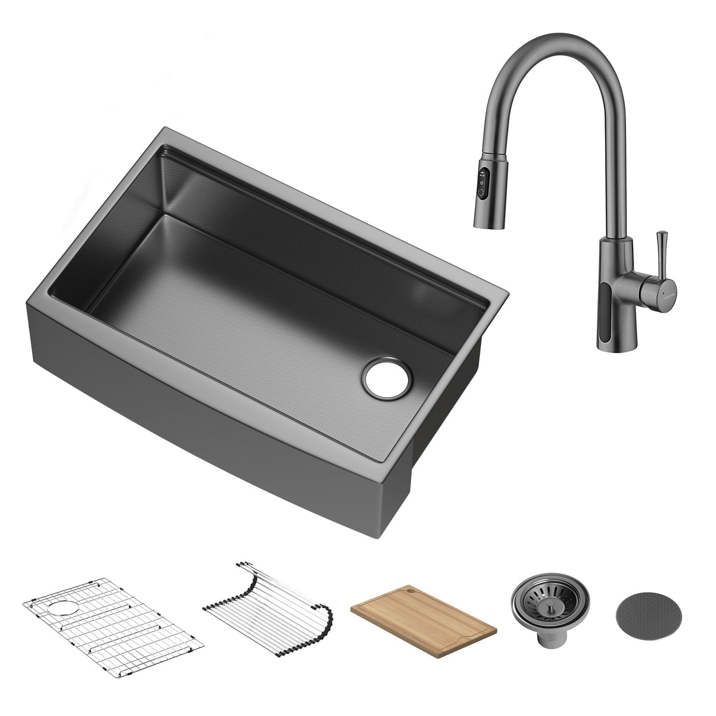 Metora 33"x 22" Stainless Steel Farmhouse Kitchen Sink-FS2501 with Modern Pull-Down Kitchen Faucet-KF2501