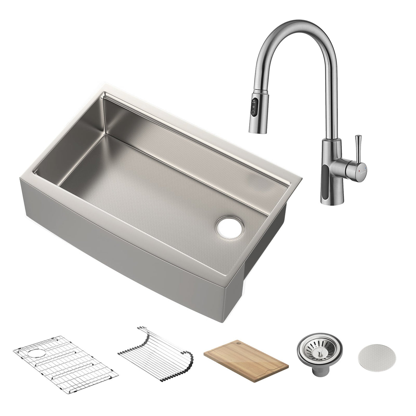 Metora 33"x 22" Stainless Steel Farmhouse Kitchen Sink-FS2501 with Modern Pull-Down Kitchen Faucet-KF2501
