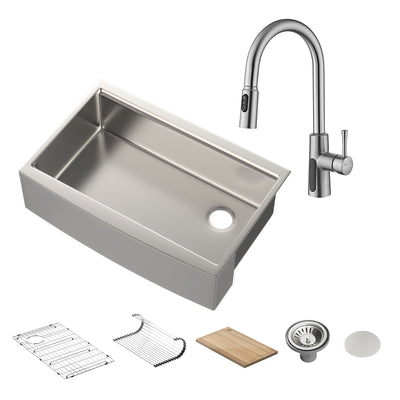 Metora 33"x 22" Stainless Steel Farmhouse Kitchen Sink-FS2501 with Modern Pull-Down Kitchen Faucet-KF2501