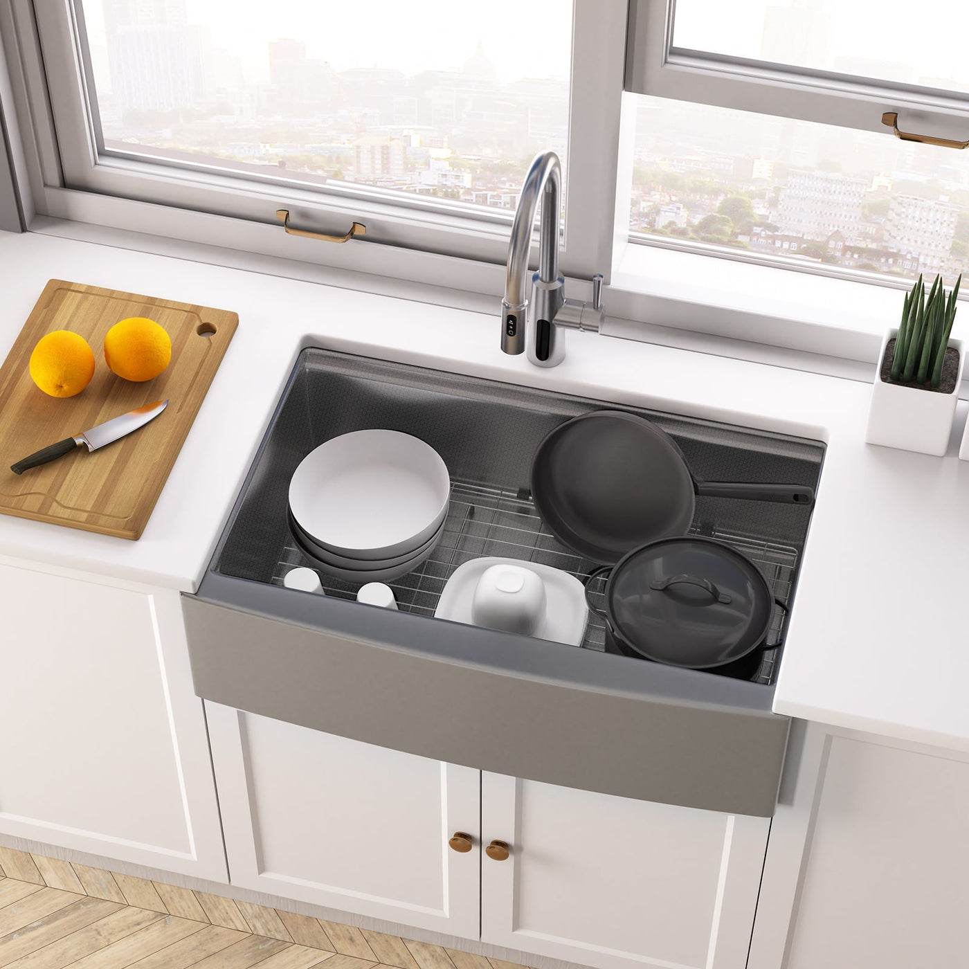 Metora 33"x 22" Stainless Steel Farmhouse Kitchen Sink-FS2501 with Modern Pull-Down Kitchen Faucet-KF2501