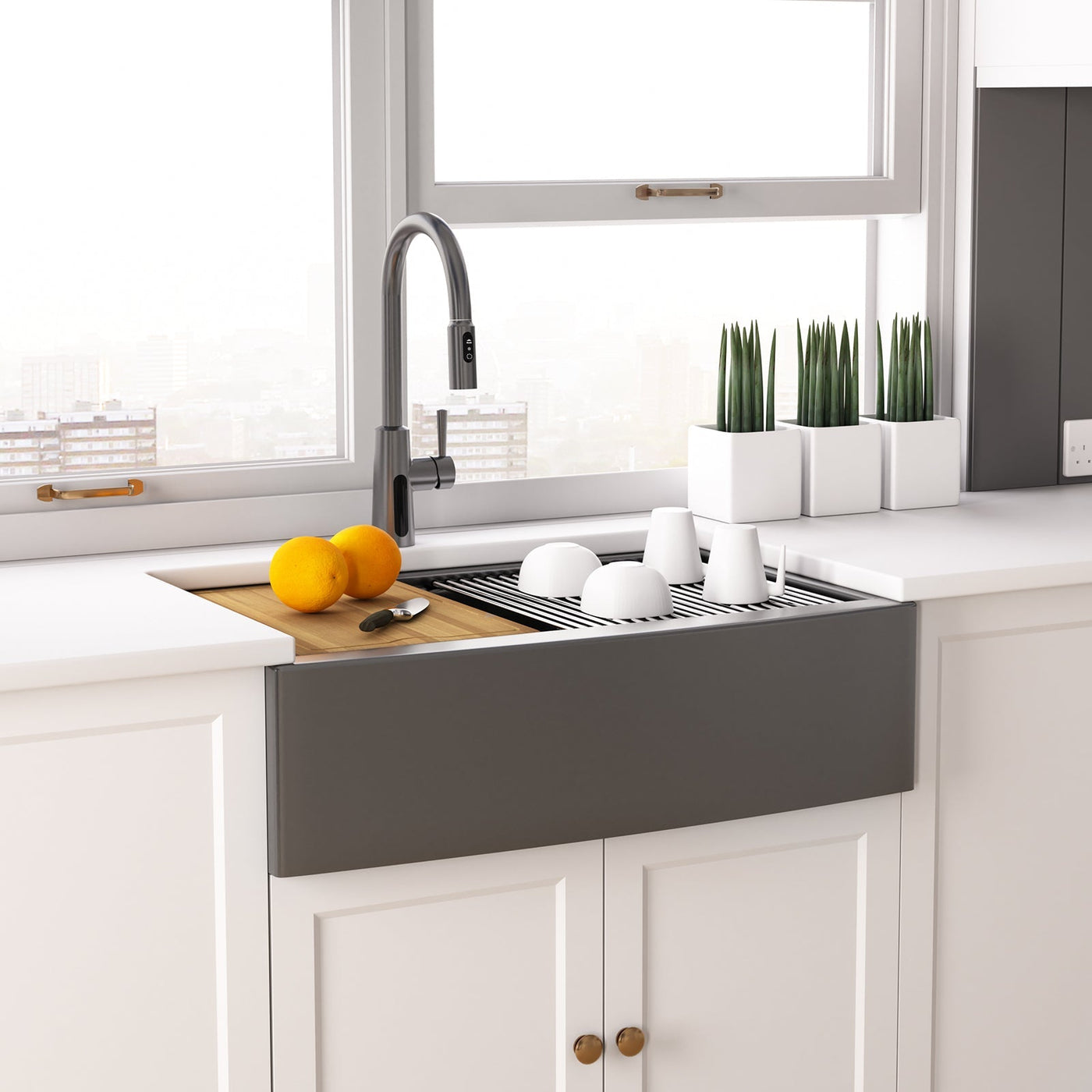 Metora 33"x 22" Stainless Steel Farmhouse Kitchen Sink-FS2501 with Modern Pull-Down Kitchen Faucet-KF2501