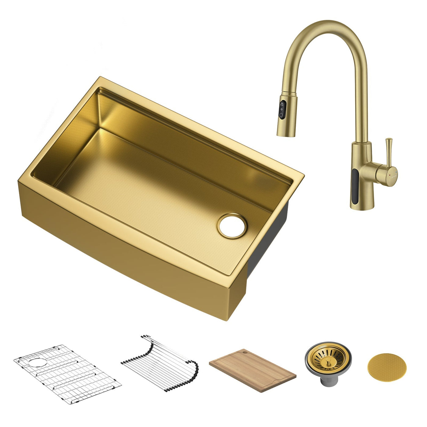 Metora 33"x 22" Stainless Steel Farmhouse Kitchen Sink-FS2501 with Modern Pull-Down Kitchen Faucet-KF2501