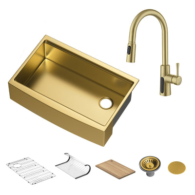 Metora 33"x 22" Stainless Steel Farmhouse Kitchen Sink-FS2501 with Modern Pull-Down Kitchen Faucet-KF2501