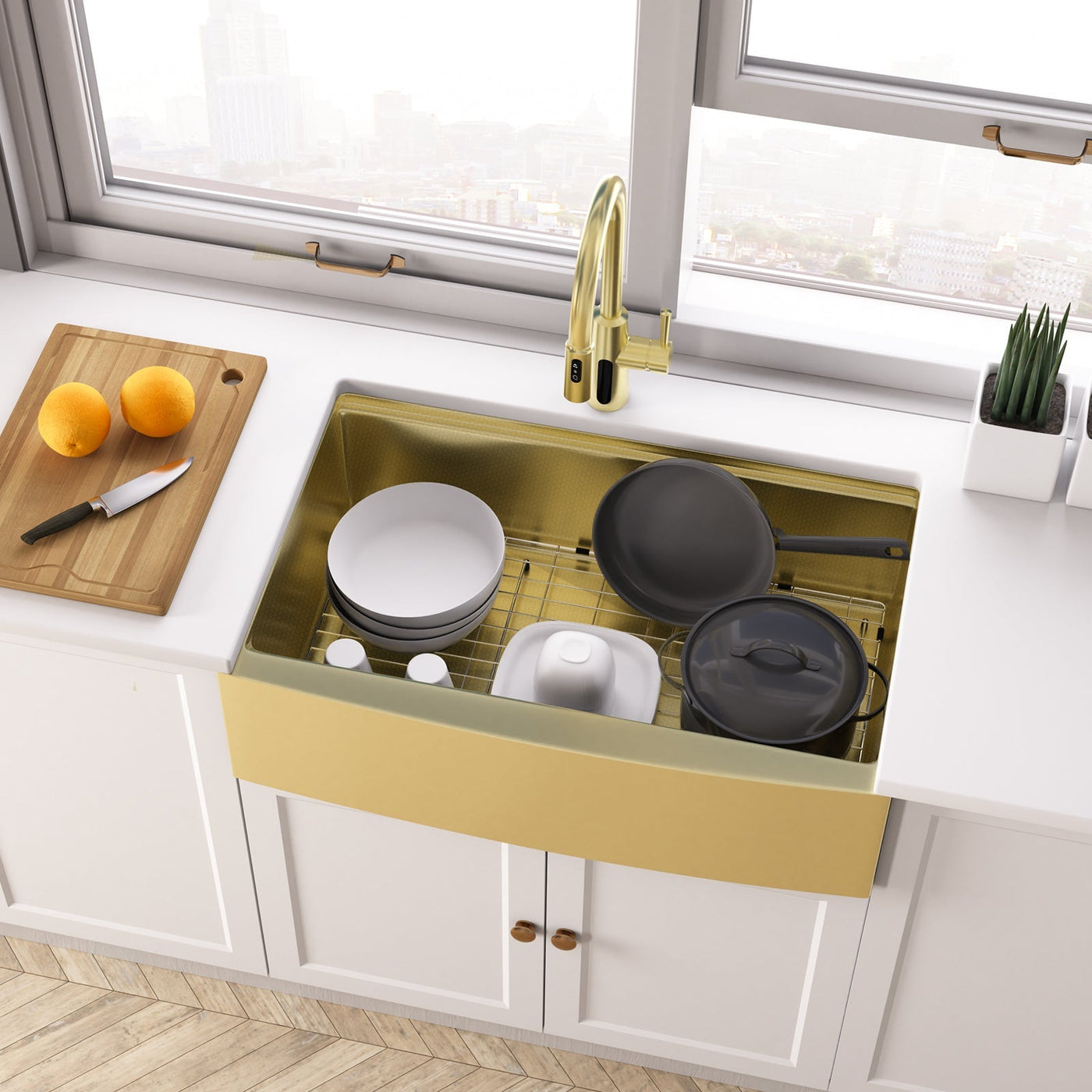 Metora 33"x 22" Stainless Steel Farmhouse Kitchen Sink-FS2501 with Modern Pull-Down Kitchen Faucet-KF2501