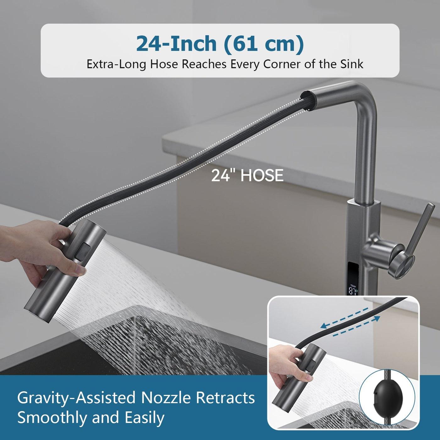 Metora Waterfall & Pull-Out Kitchen Faucet with Temperature Display-KF2209