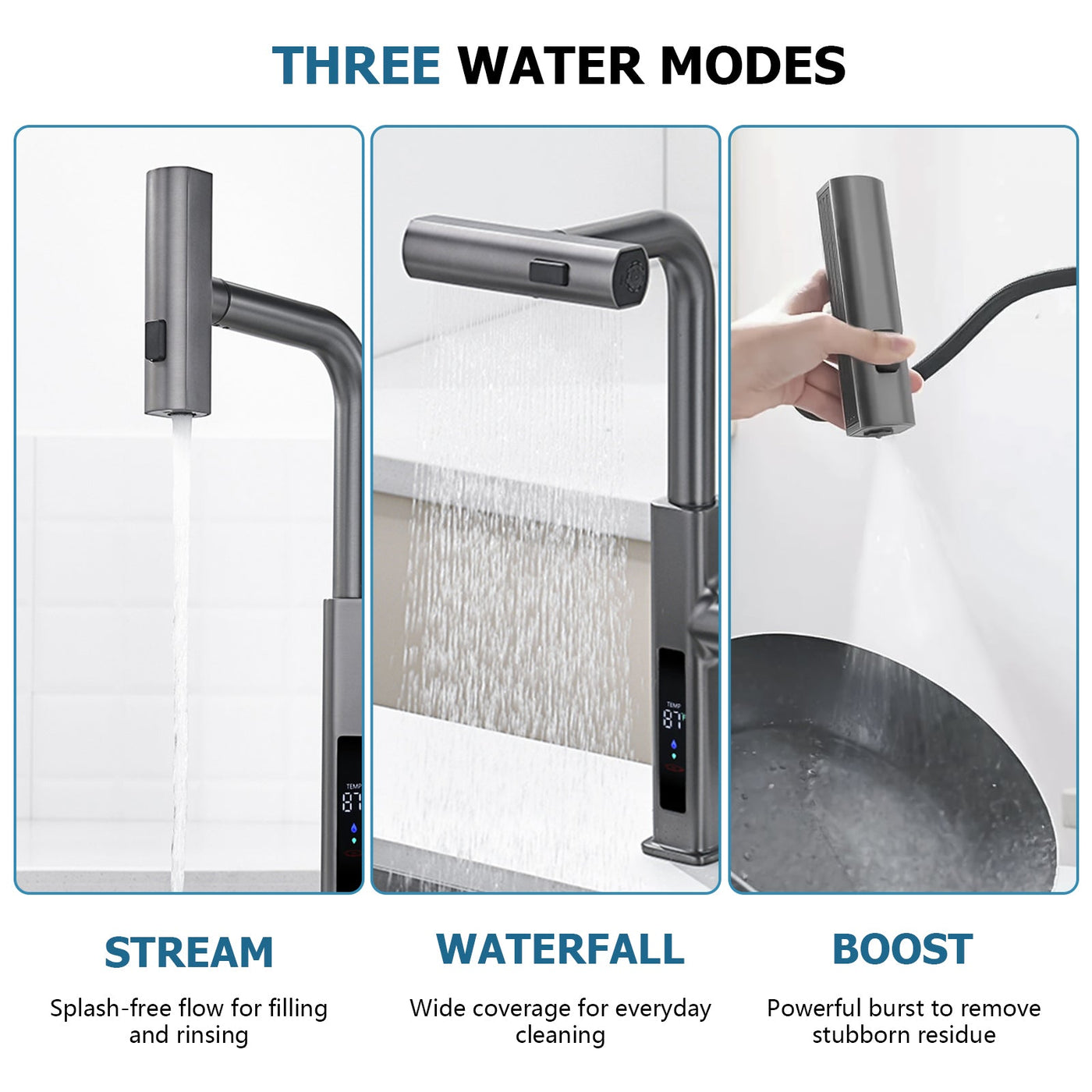 Metora Waterfall & Pull-Out Kitchen Faucet with Temperature Display-KF2209