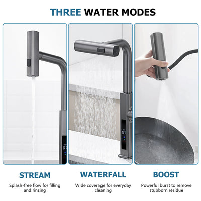 Metora Waterfall & Pull-Out Kitchen Faucet with Temperature Display-KF2209