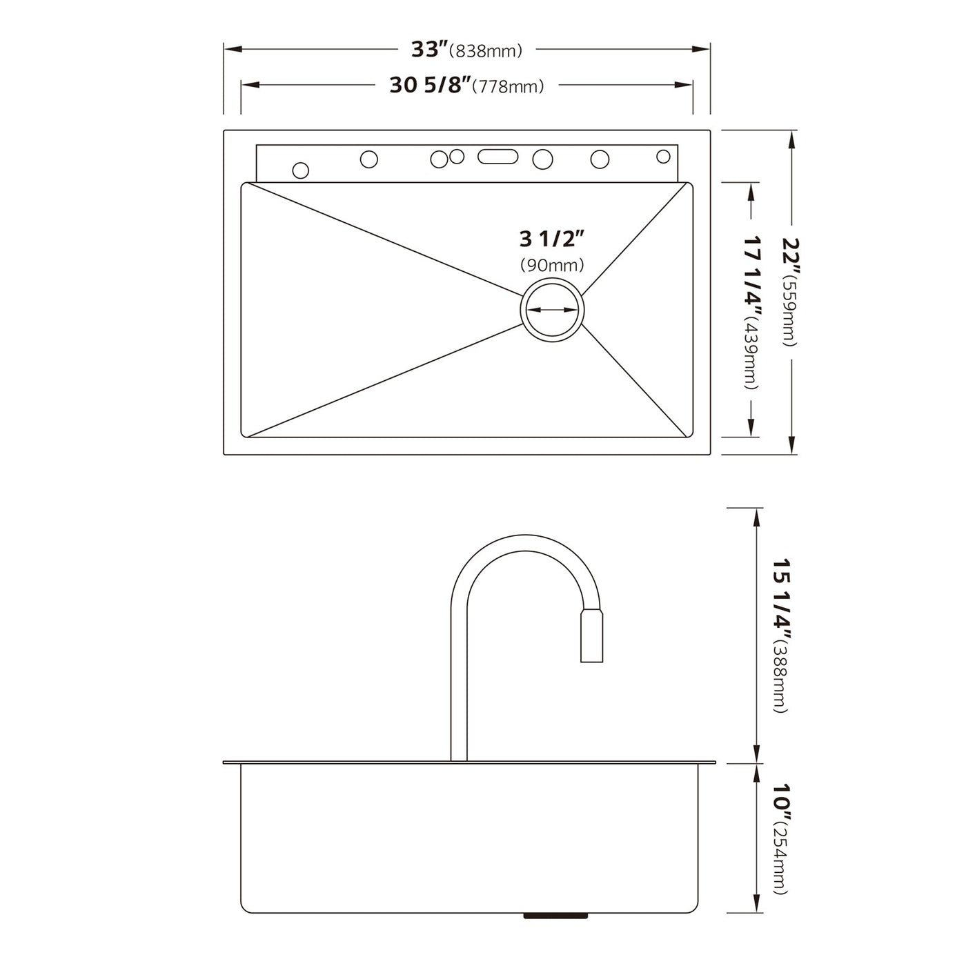Metora 33"x22" Stainless Steel Workstation Kitchen Sink-KS2207L-PRO with 1 HP Continuous Feed Garbage Disposal with Power Cord-LGD-1010
