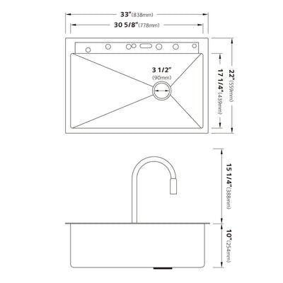 Metora 33"x22" Stainless Steel Workstation Kitchen Sink-KS2207L-PRO with 1 HP Continuous Feed Garbage Disposal with Power Cord-LGD-1010