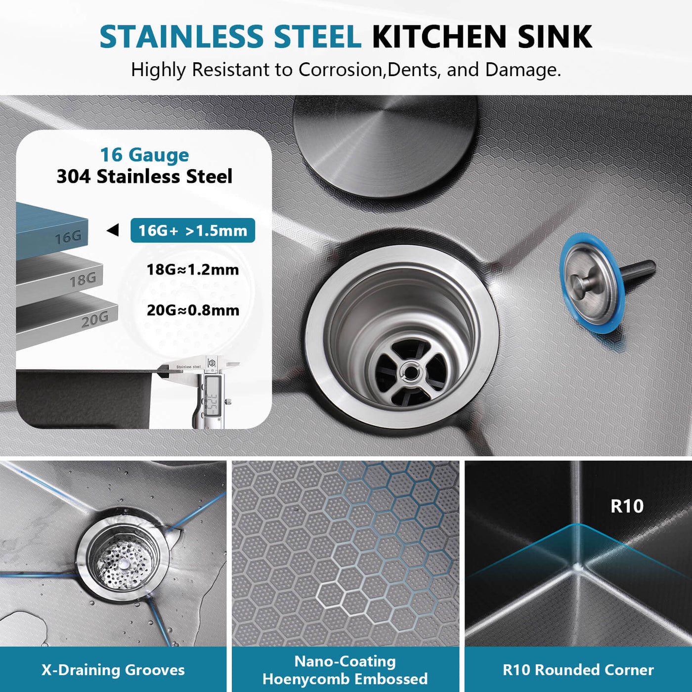 Metora 33"x22" Stainless Steel Workstation Kitchen Sink-KS2207L-PRO with 1 HP Continuous Feed Garbage Disposal with Power Cord-LGD-1010