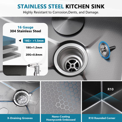 Metora 33"x22" Stainless Steel Workstation Kitchen Sink-KS2207L-PRO with 1 HP Continuous Feed Garbage Disposal with Power Cord-LGD-1010