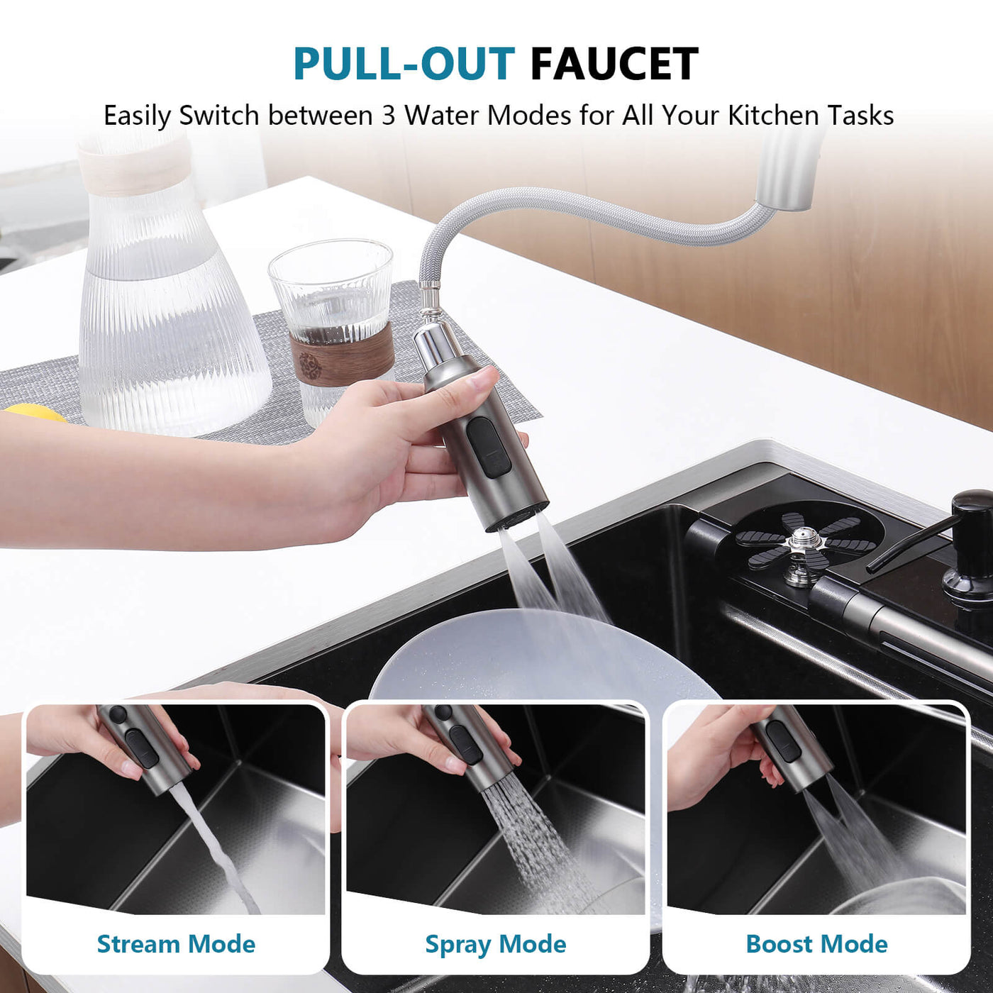 Metora 33"x22" Stainless Steel Workstation Kitchen Sink-KS2207L-PRO with 3/4 HP Continuous Feed Food Waste Garbage Disposal-LGD-714