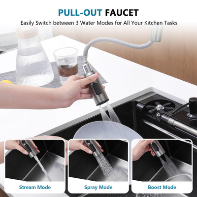 Metora 33"x22" Stainless Steel Workstation Kitchen Sink-KS2207L-PRO with 1 HP Continuous Feed Garbage Disposal with Power Cord-LGD-1010