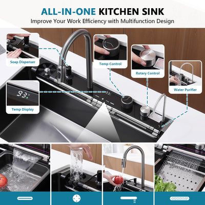 Metora 33"x22" Stainless Steel Workstation Kitchen Sink with Pull-out Faucet & Digital Display-KS2207L-PRO