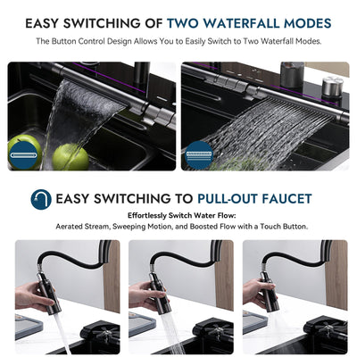 Metora 33x22 Inch Waterfall Faucet Kitchen Sink with Digital Temperature Display & LED Lighting-KS2207L