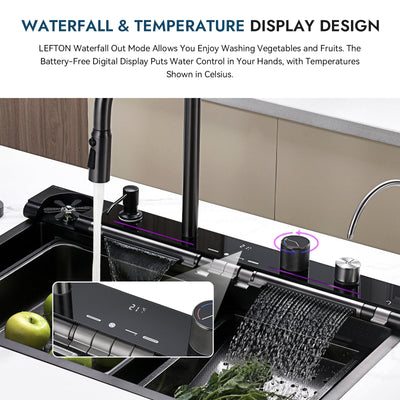 Metora 33x22 Inch Waterfall Faucet Kitchen Sink with Digital Temperature Display & LED Lighting-KS2207L