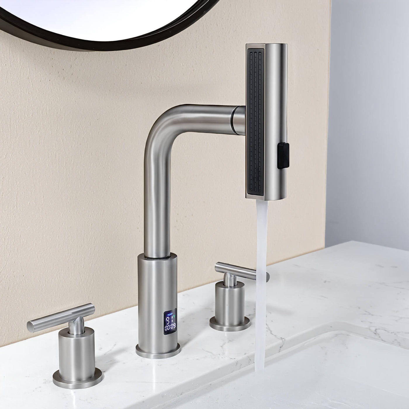 Metora Two-Handle Widespread Waterfall & Pull-Out Bathroom Faucet with Temperature Display-BFWS2401