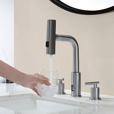 Recertified-Metora Two-Handle Widespread Waterfall & Pull-Out Bathroom Faucet with Temperature Display-BFWS2401-US