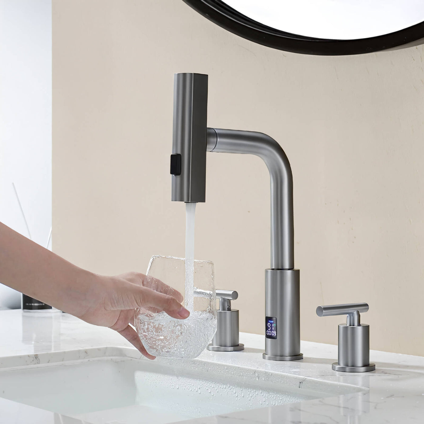 Metora Two-Handle Widespread Waterfall & Pull-Out Bathroom Faucet with Temperature Display-BFWS2401