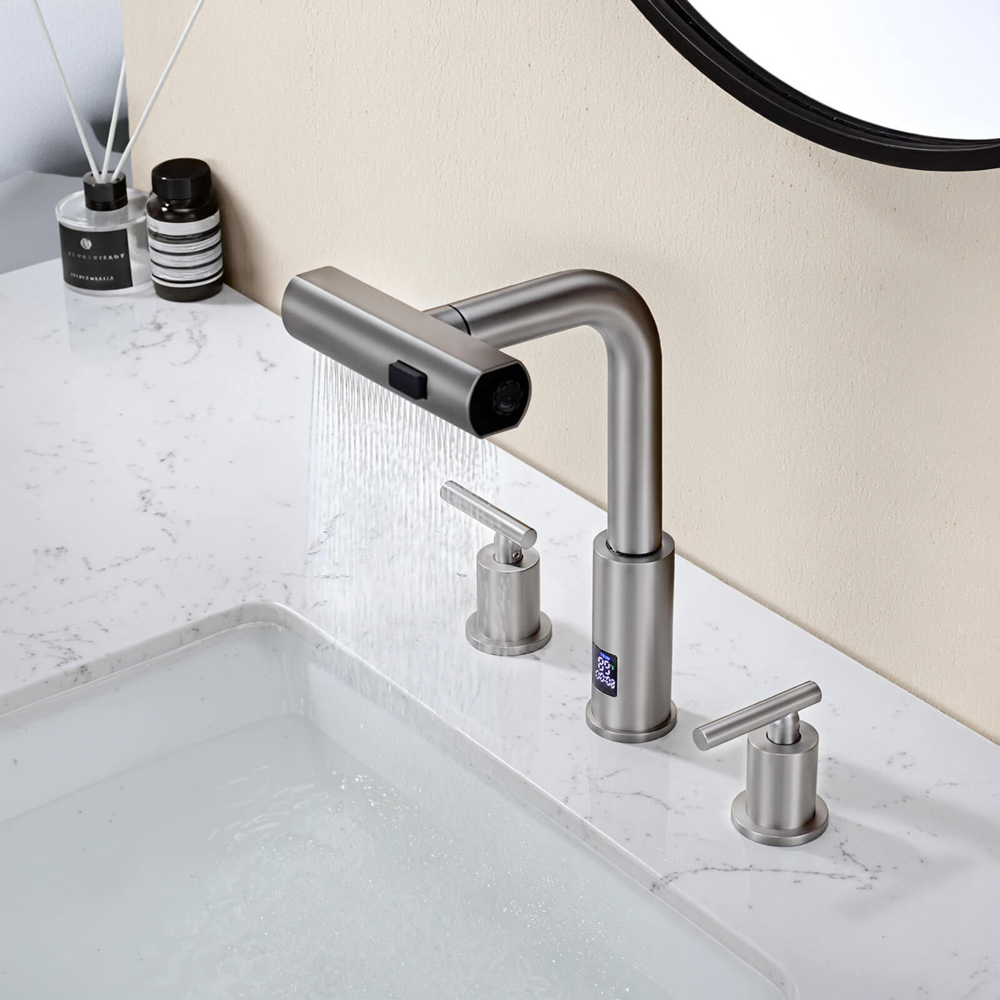 Recertified-Metora Two-Handle Widespread Waterfall & Pull-Out Bathroom Faucet with Temperature Display-BFWS2401-US
