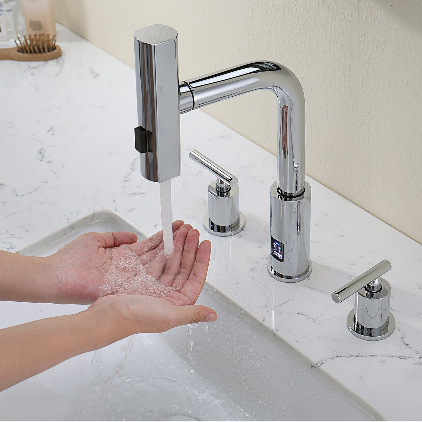 Recertified-Metora Two-Handle Widespread Waterfall & Pull-Out Bathroom Faucet with Temperature Display-BFWS2401-US