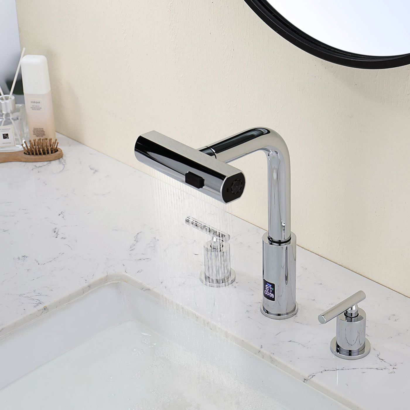 Metora Two-Handle Widespread Waterfall & Pull-Out Bathroom Faucet with Temperature Display-BFWS2401