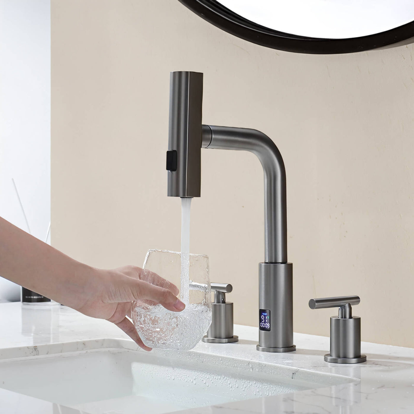 Metora Two-Handle Widespread Waterfall & Pull-Out Bathroom Faucet with Temperature Display-BFWS2401