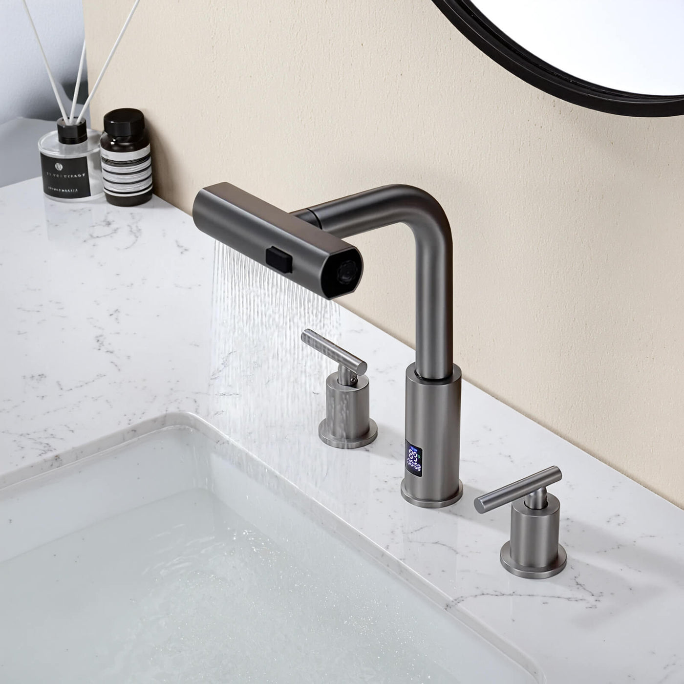 Metora Two-Handle Widespread Waterfall & Pull-Out Bathroom Faucet with Temperature Display-BFWS2401