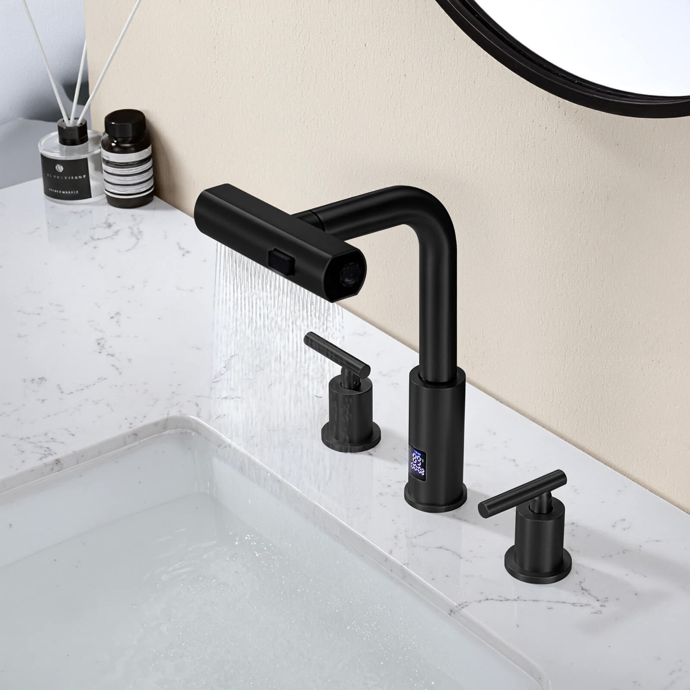 Recertified-Metora Two-Handle Widespread Waterfall & Pull-Out Bathroom Faucet with Temperature Display-BFWS2401-US