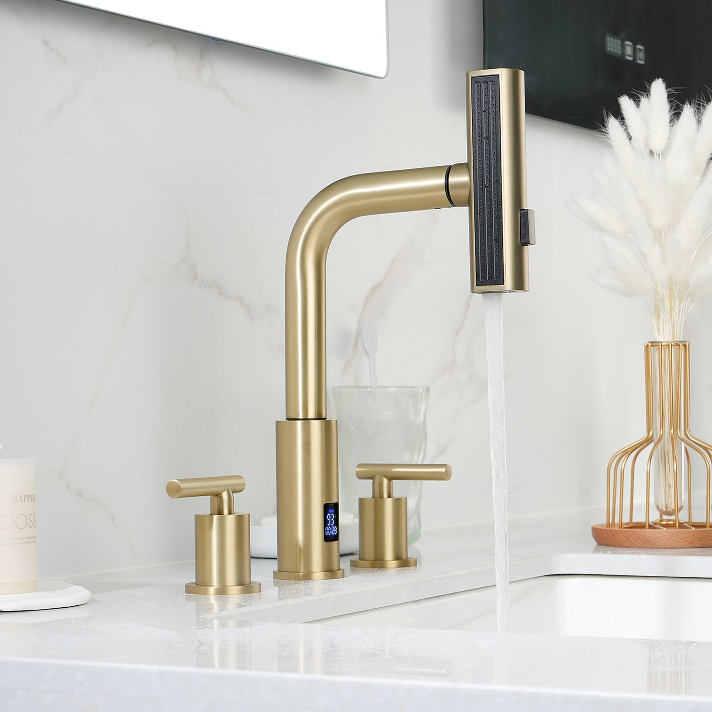 Metora Two-Handle Widespread Waterfall & Pull-Out Bathroom Faucet with Temperature Display-BFWS2401