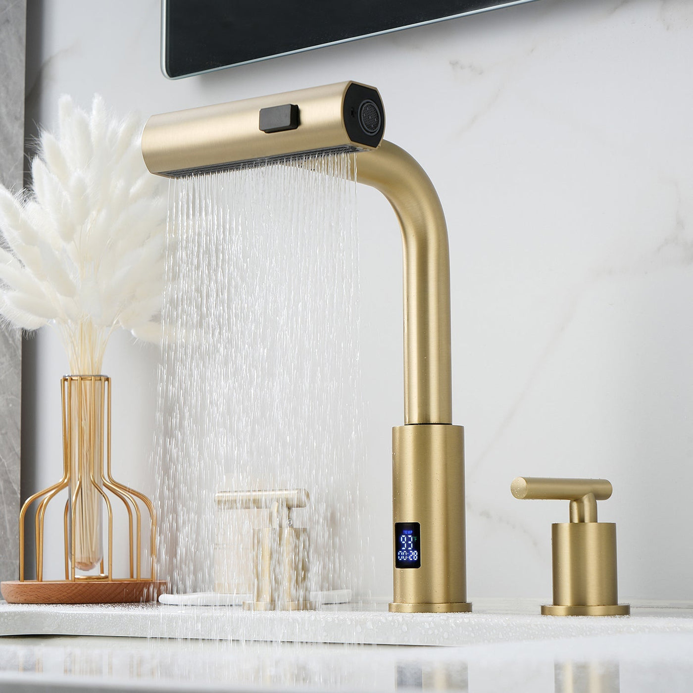 Metora Two-Handle Widespread Waterfall & Pull-Out Bathroom Faucet with Temperature Display-BFWS2401