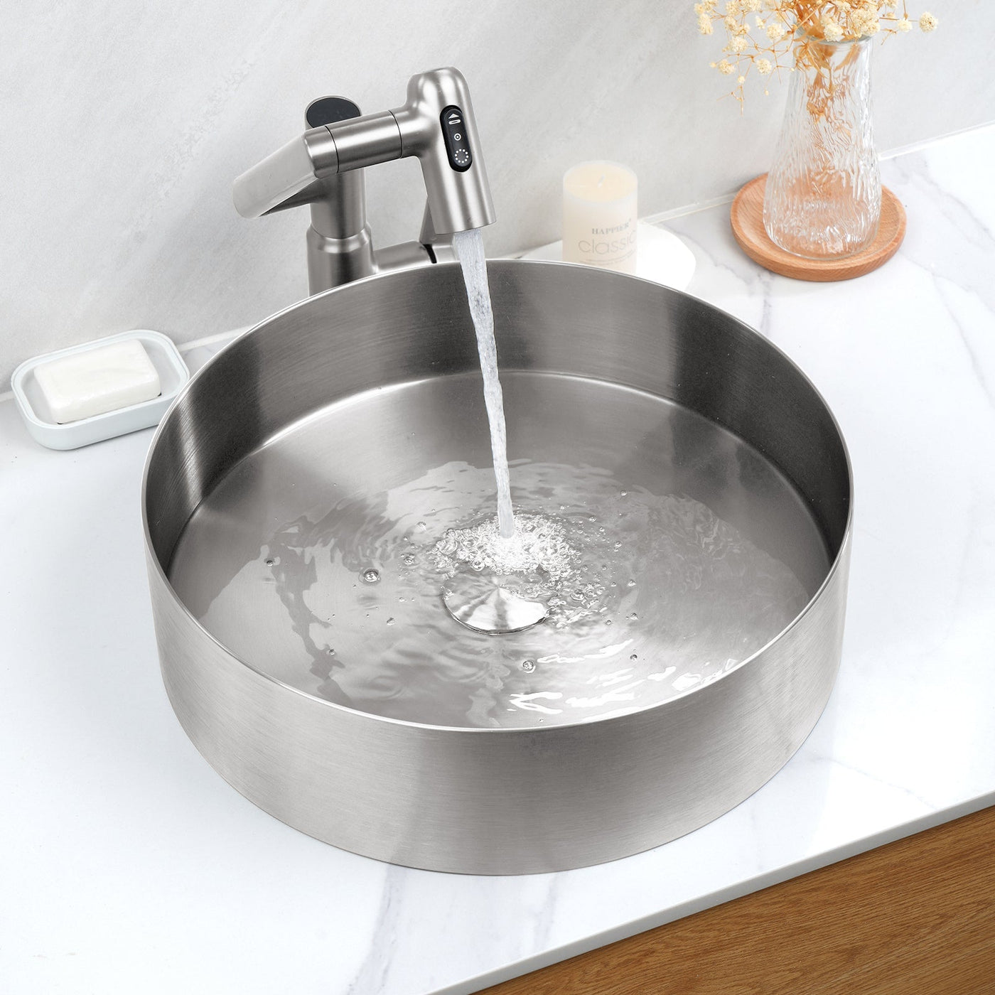 Metora Stainless Steel Round Countertop Bathroom Vessel Sink-BVS2401 with Single-Hole Rotatable Bathroom Faucet-BF2204