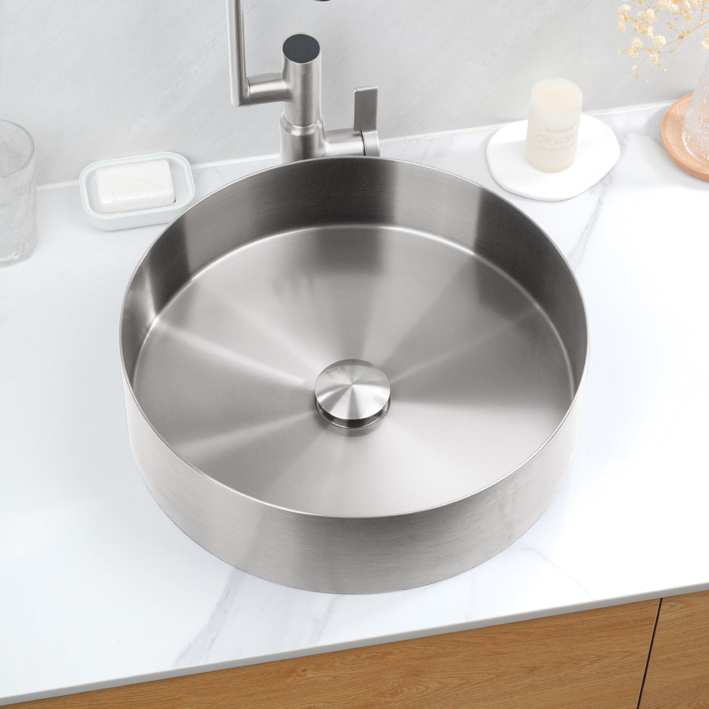 Metora Stainless Steel Round Countertop Bathroom Vessel Sink-BVS2401 with Single-Hole Rotatable Bathroom Faucet-BF2204