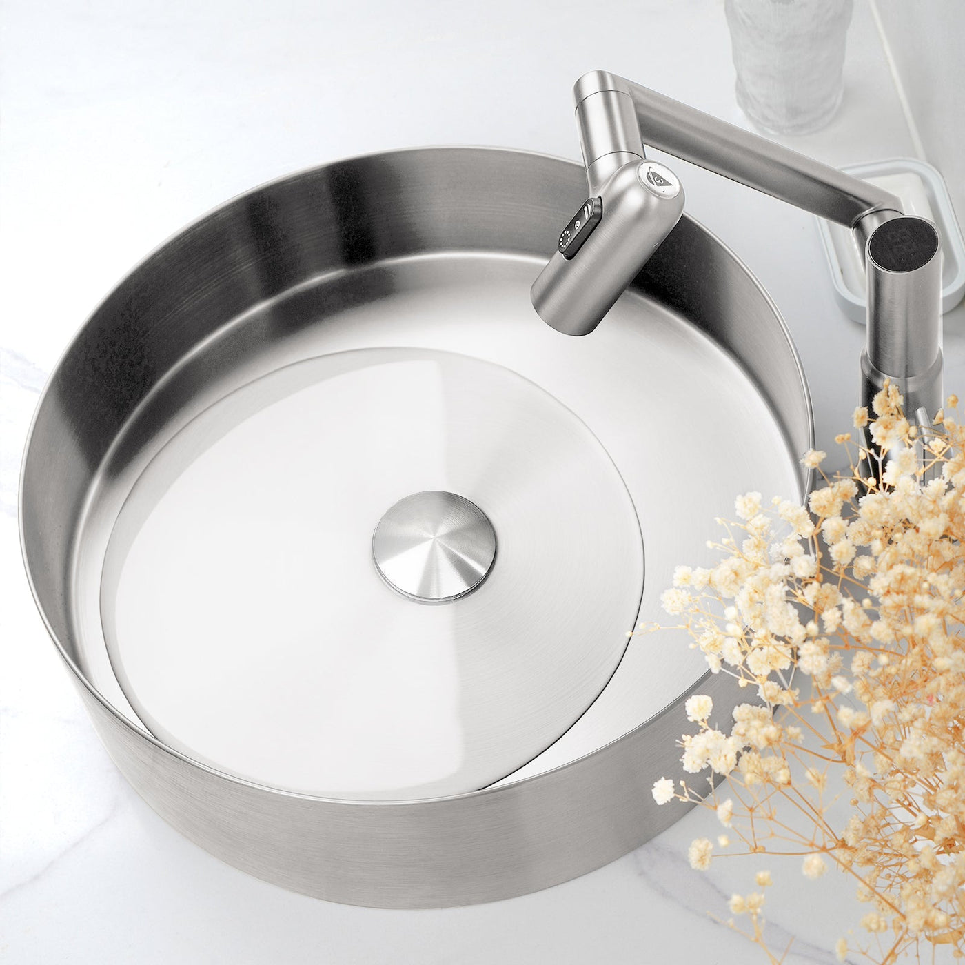 Metora Stainless Steel Round Countertop Bathroom Vessel Sink with Pop-Up Drain Stopper-BVS2401